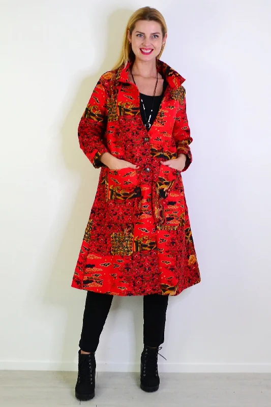 Long Oriental Red Fleece Lined JacketWindbreakers