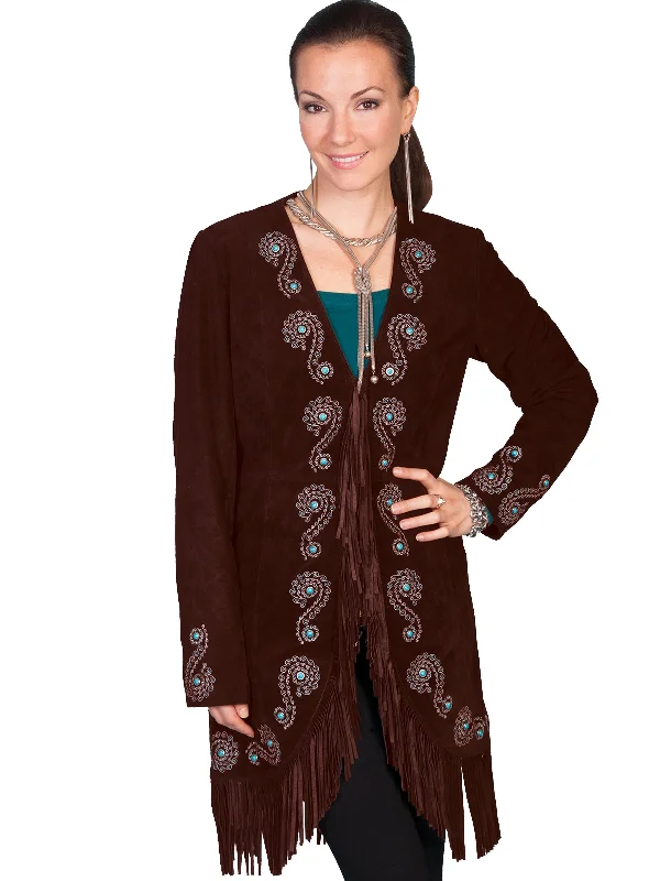 Scully Leather Womens Fringe Silver Embroidered Boar Suede Jacket Expresso MFishing Jackets