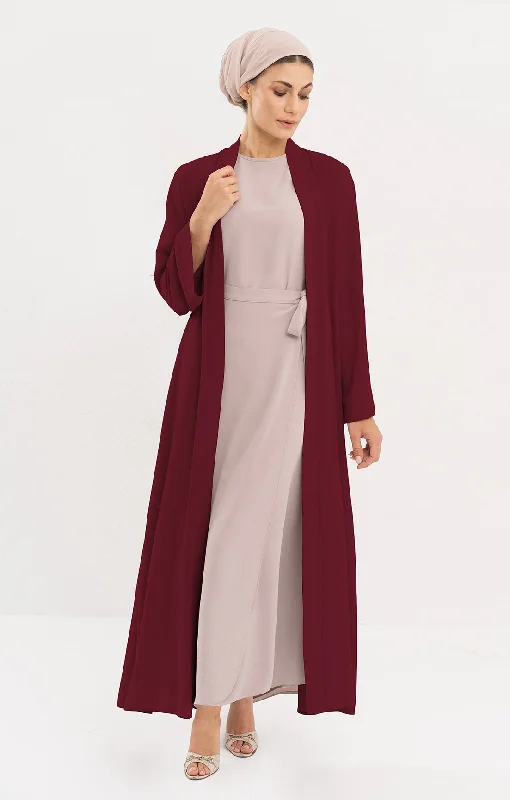 Sebil Modest Long Open Front Duster Jacket - MaroonLeather-Paneled Jackets