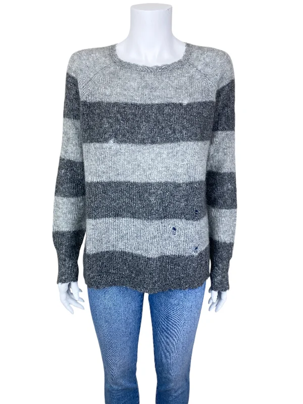 Boat Neck Knit TopsAutumn Cashmere Women's Distressed Cashmere Silk Stripe Sweater Grey Heather Size M