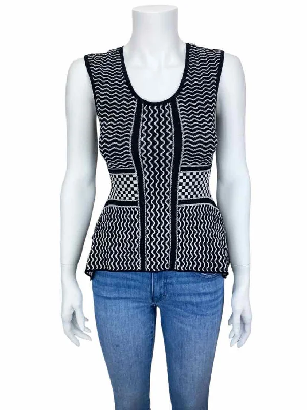 Ribbed Cuff Knit TopsBCBG MAXAZRIA Women's Jacquard Peplum Sweater Tank Black White Size XS