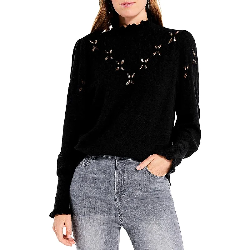 Womens Ladder Stitch Pointelle Mock Turtleneck Sweater