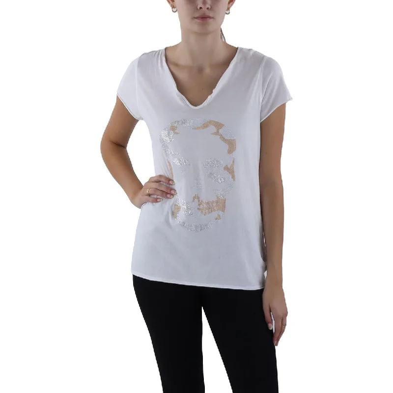 Yoga Knit TopsTunisien MC Camo Skull Womens Embellished Henley Graphic T-Shirt