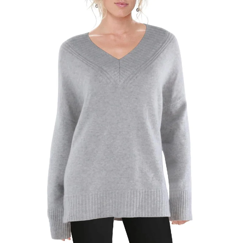 Womens Cashmere Ribbed Knit V-Neck Sweater