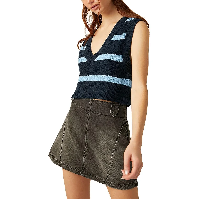 Santa Monica Womens V Neck Striped Crop SweaterCroptopsoft