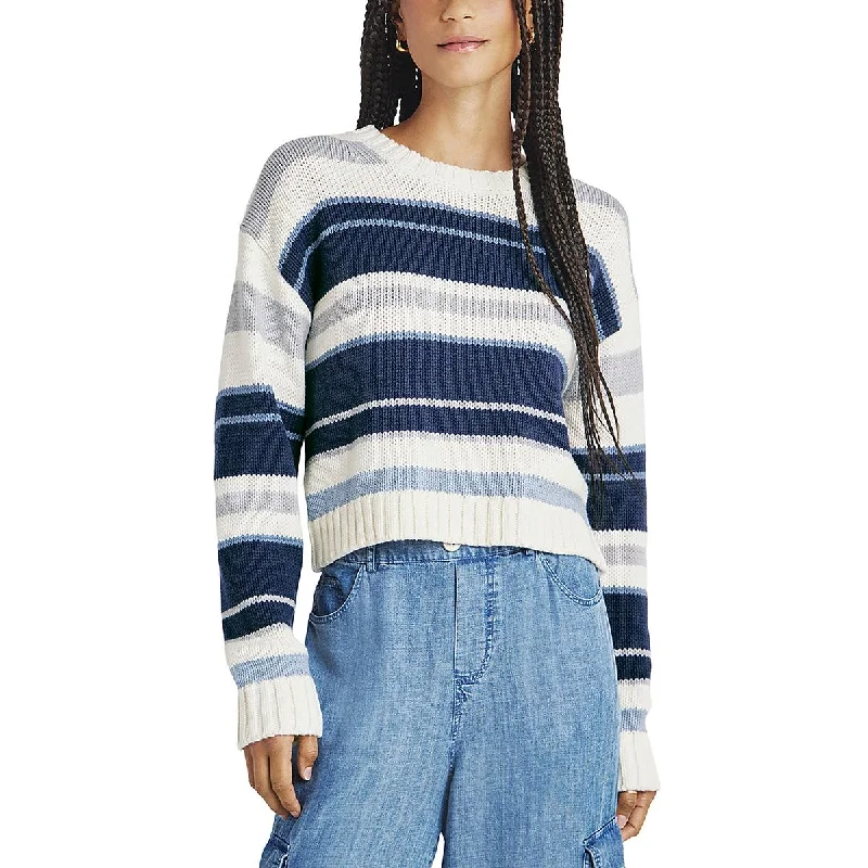 CrewnecktrendWomens Ribbed Trim Striped Crewneck Sweater