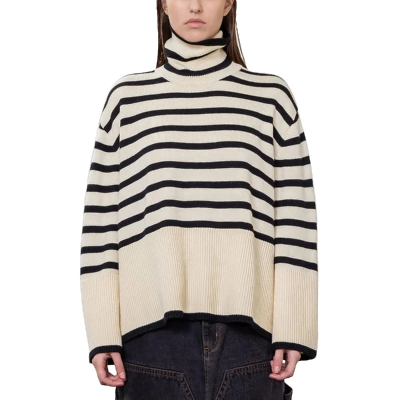 Womens Striped Ribbed Trim Turtleneck Sweater