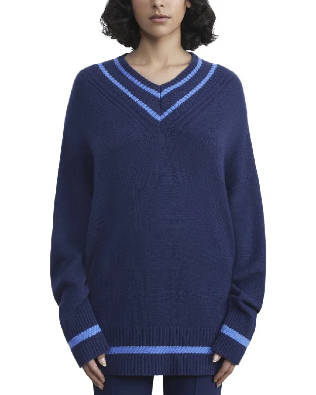 Lafayette 148 New York Stripe Trimmed V-Neck Cashmere Sweater