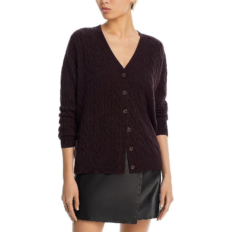 Womens Cable Knit V-Neck Button-Up