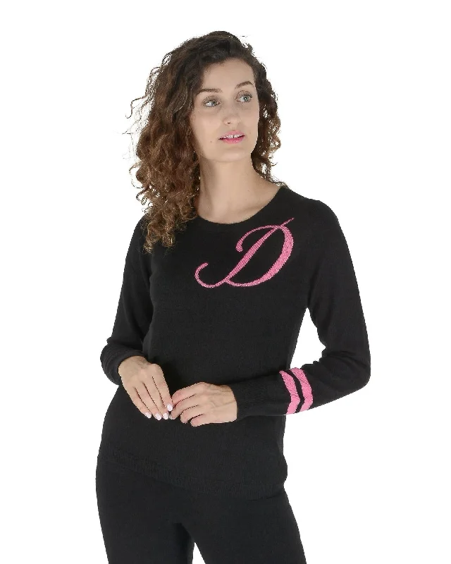 Crown Of Edinburgh Cashmere  Women's Black Cashmere Sweater with Pink 'D' Embroidery  Luxury 100% Cashmere Sweater - Black with Pink Detail - Crown of Edinburgh  : Women's Long Sleeve Round Neck Knit Jumper