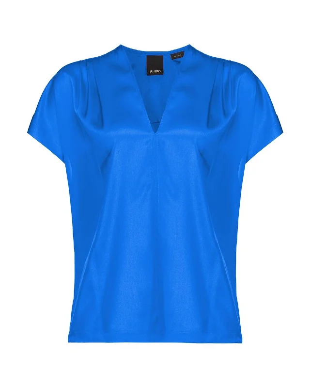 PINKO Silk Satin Blouse with V-Neckline and Ruffled Shoulders