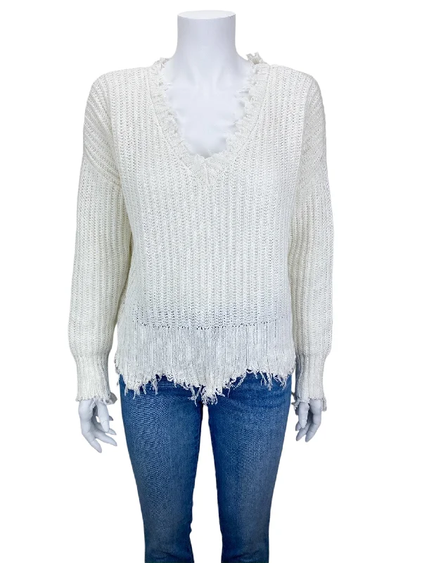 Evereve Roan + Ryan Women's Distressed V-neck Sweater Ivory Size S