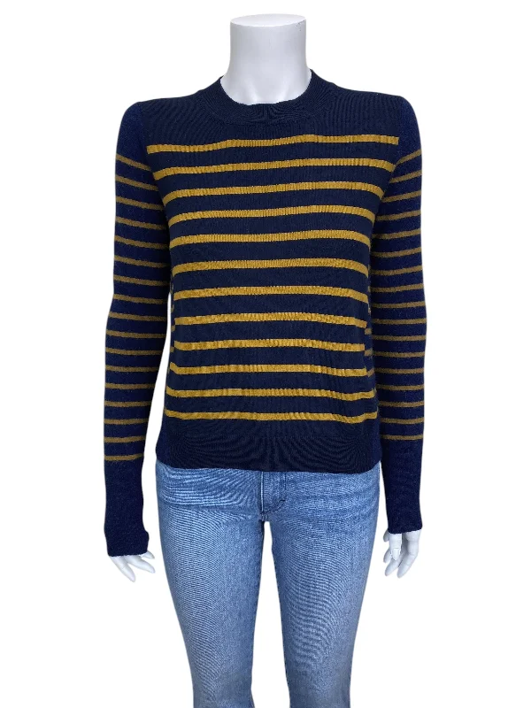 Layered Knit TopsLa Ligne Women's Striped Cashmere Blend Crew Sweater Navy Gold Size XS