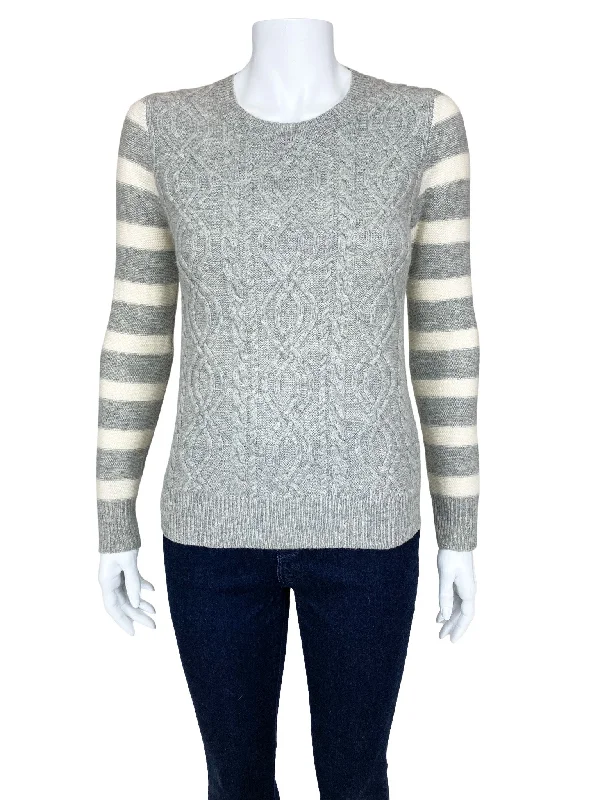 College Knit TopsMadewell Wallace, Women's Cable/Stripe Sweater, Heather Grey/Ivory, Size XS