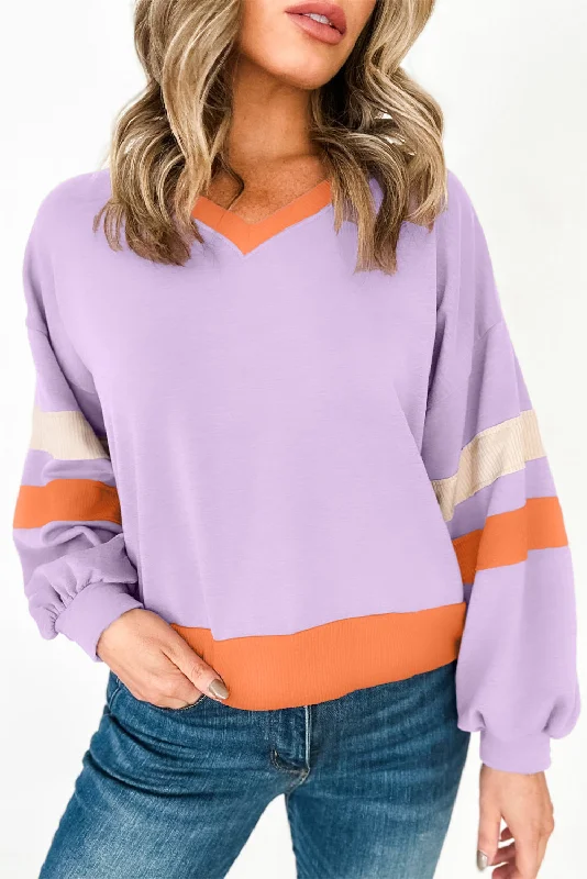 Zippered Knit TopsOrchid Rib Patchwork Drop Shoulder V Neck Sweatshirt