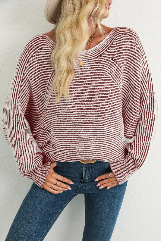 Off-Shoulder Knit TopsRed Dahlia Striped Print Ribbed Knit Raglan Sleeve Baggy Sweater