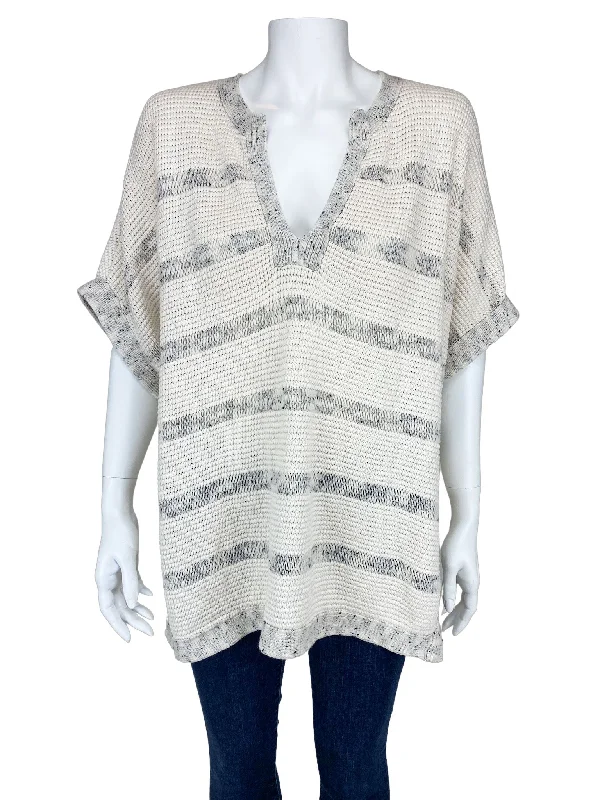 Punk Knit TopsVince, Women's Cotton Textured Sweater, Ivory/Grey, Size M/L