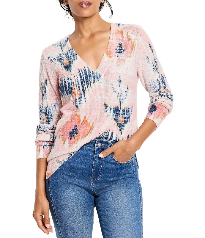 Abstract Floral Waffle Stitch V-Neck Sweater In Pink Multi