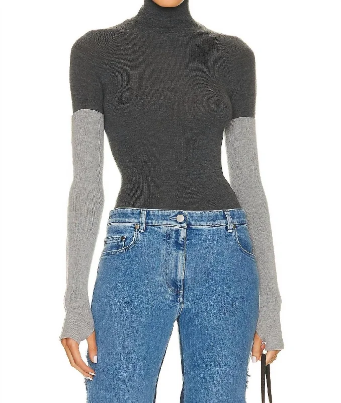 Combo Sleeve Turtleneck Sweater In Cool Grey/light Grey Sleeves