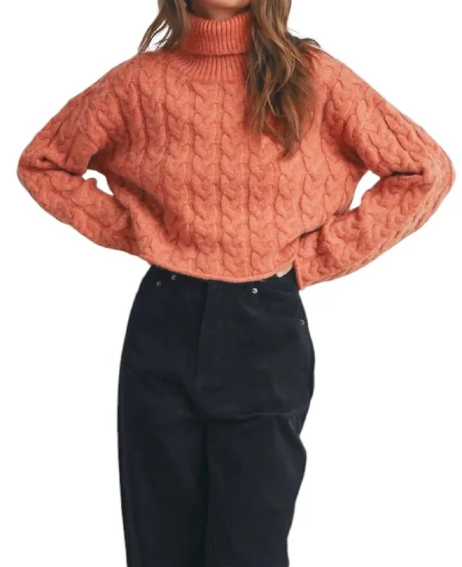 Thick Braid With Turtle Neck Long Sleeve Sweater In Rust