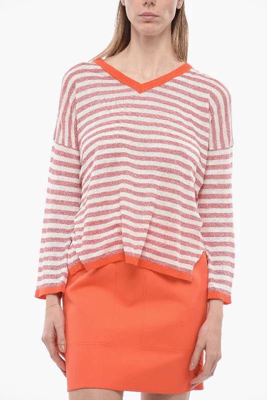 Whyci V-Neck Striped Linen Blend Sweater