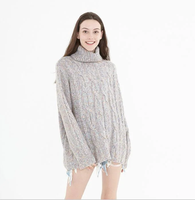 High Collar Long Sleeve  loose Style Women Tops Woolen Knit Sweater