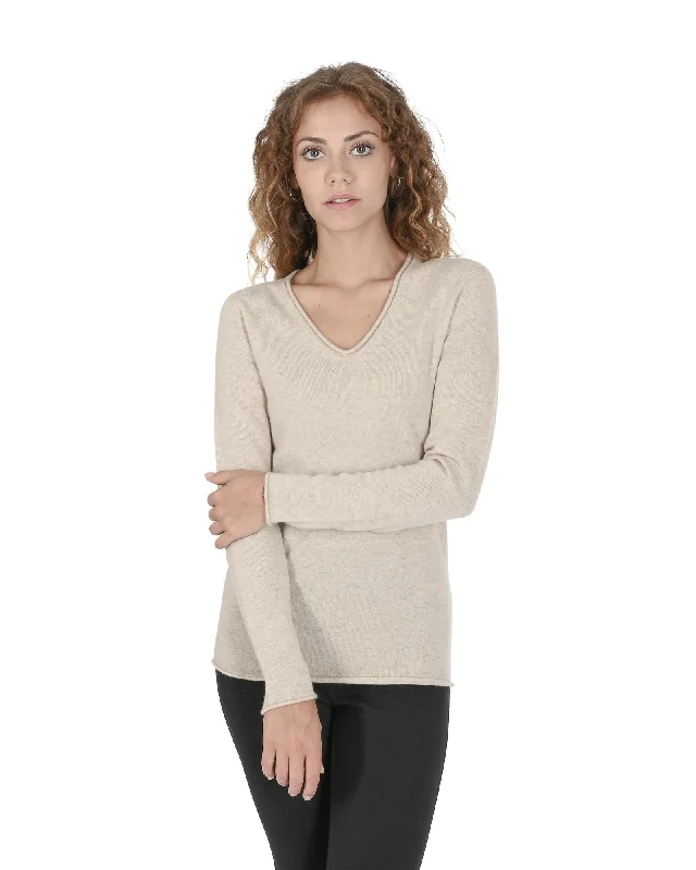 Crown of Edinburgh Cashmere Women's Premium Italian Cashmere V-Neck Sweater in Beige - 48 EU