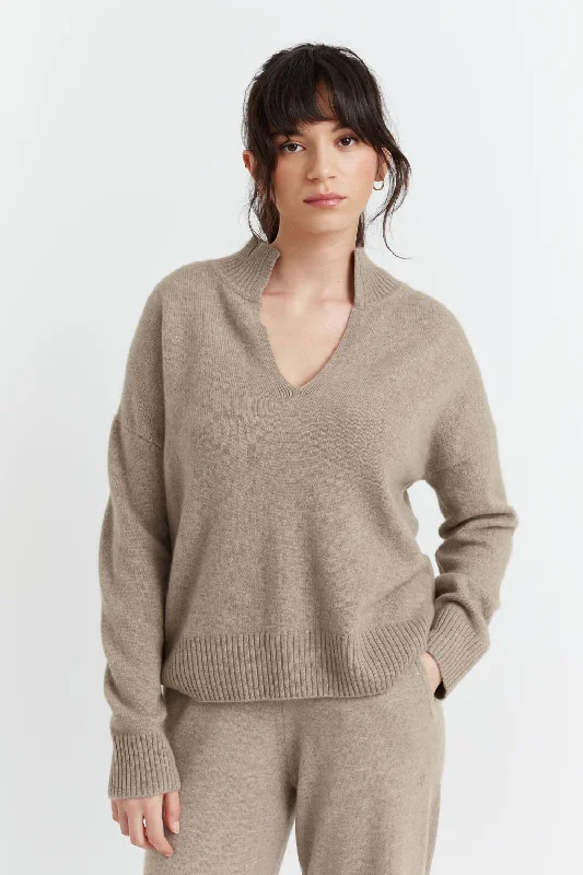 Soft-Truffle Cashmere V-Neck Funnel Sweater