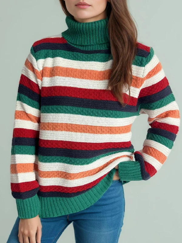 Contrast Stripes Turtleneck Long Sleeve Sweater winter fashion