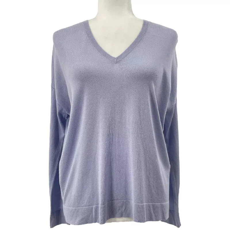 V Neck Long Sleeve Tencel Sweater In Blue