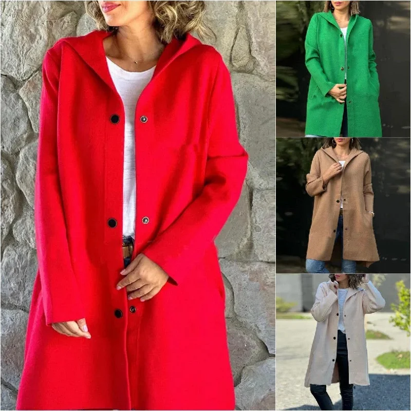 Autumn And Winter New Hooded Long Sleeve Solid Color Woolen Coat