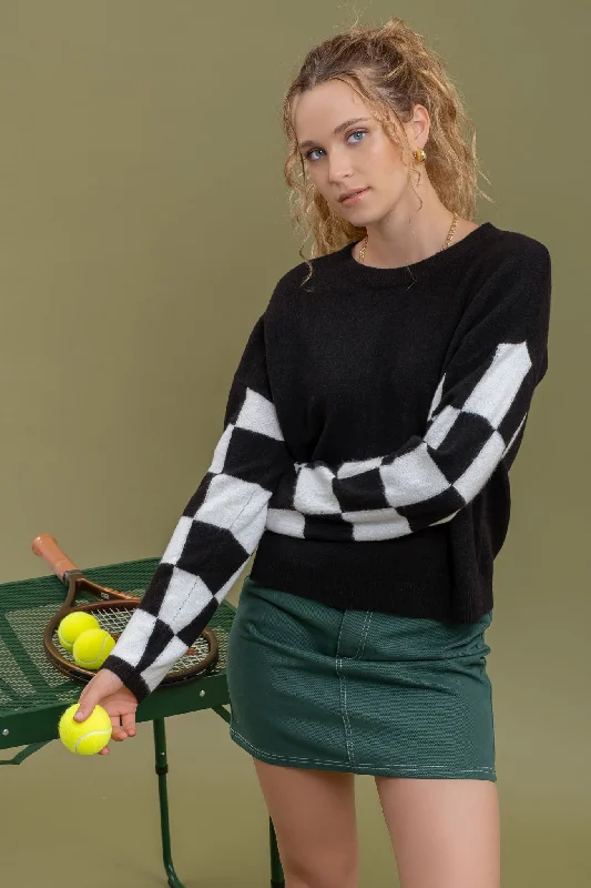 CHECKERED LONG SLEEVE DROP SHOULDER SWEATER