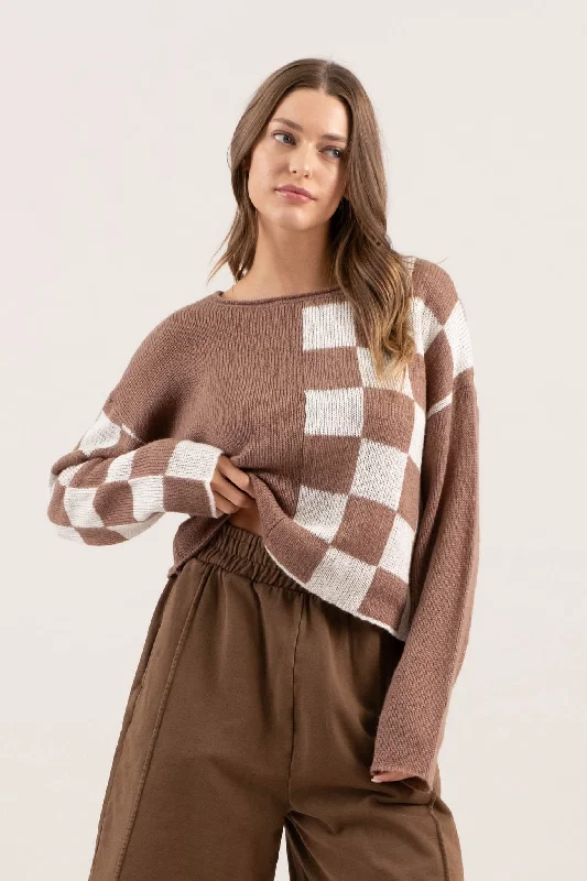 COLORBLOCK CHECKERED LONG SLEEVE KNIT SWEATER