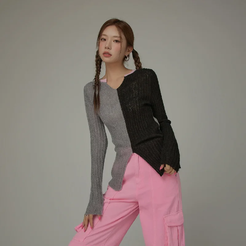 Bicolor Block Long Sleeves Knit Sweater