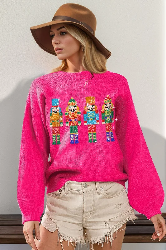 Double Take Full Size Sequin Nutcracker Long Sleeve Sweater