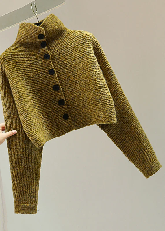 Italian Yellow Turtleneck Button Cotton Knitted Sweater Batwing Sleeve