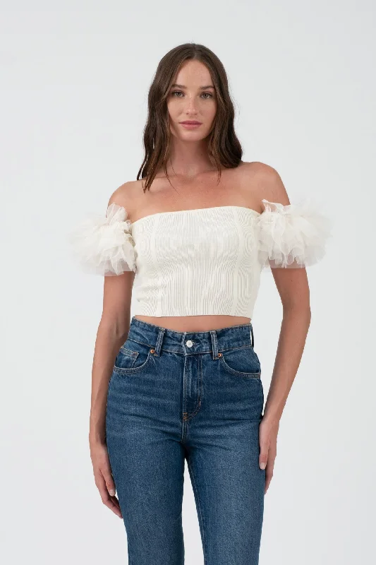 OFF THE SHOULDER TULLE SLEEVE KNIT CROP TOPCroptoptrendsetter