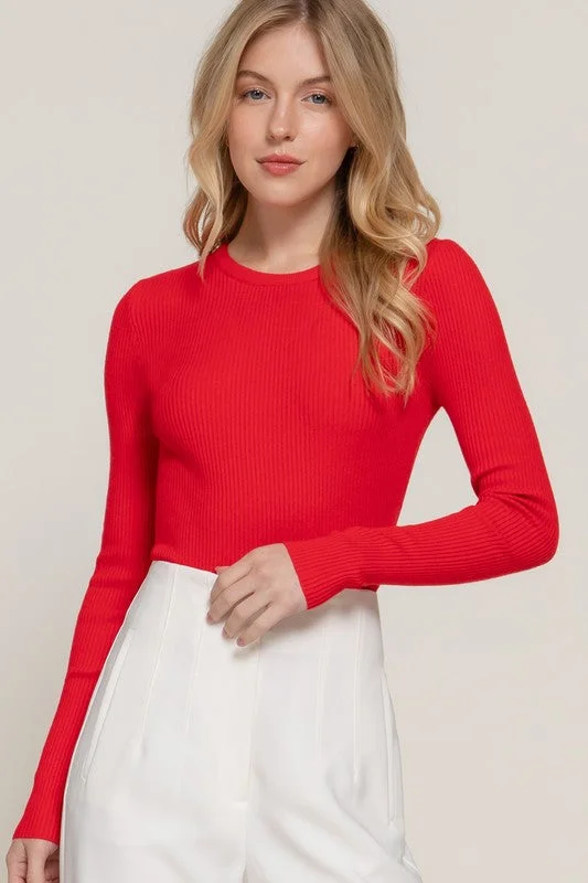 Toya Long Sleeve Crew Neck Ribbed Sweater Top Red