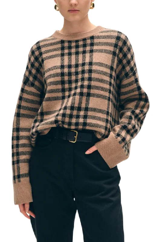 CrewneckidentityWhite & Warren Cashmere Plaid Crewneck in True Camel - Black