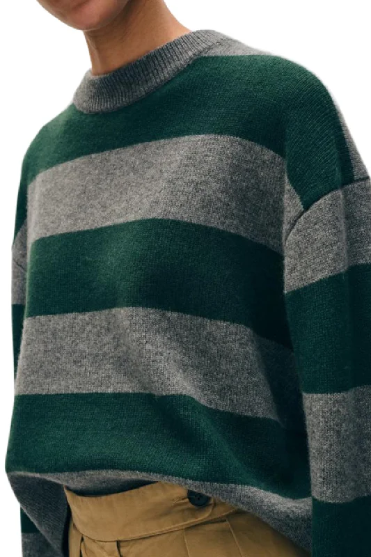 CrewnecklifestyleWhite & Warren Cashmere Striped Crewneck in Graphite - Deep Emerald