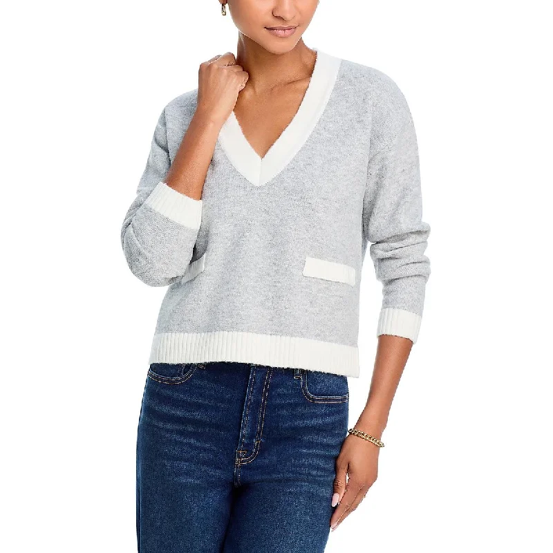 Womens Knit Contrast Trim V-Neck Sweater