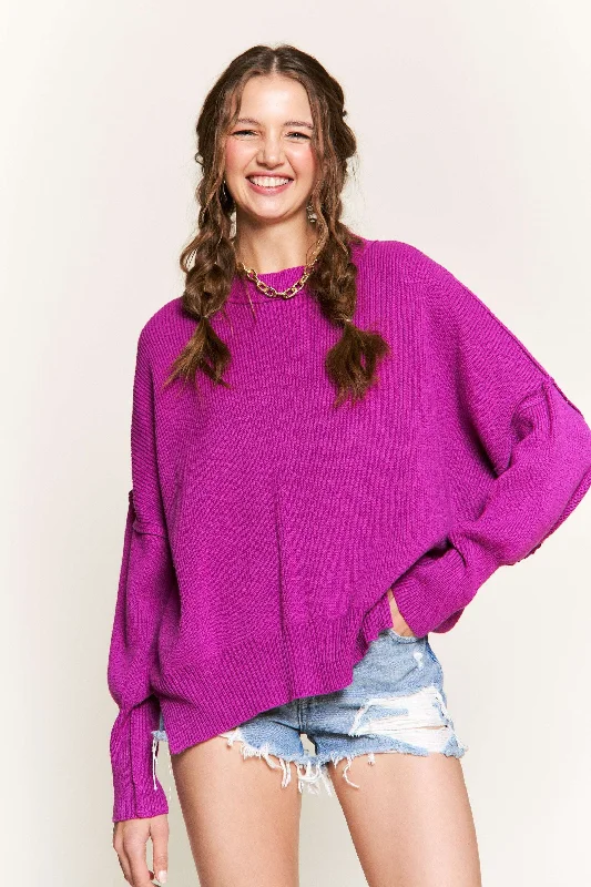 MAGENTA CHUNKY RIB KNIT LONG SLEEVES SWEATER IBSW9258