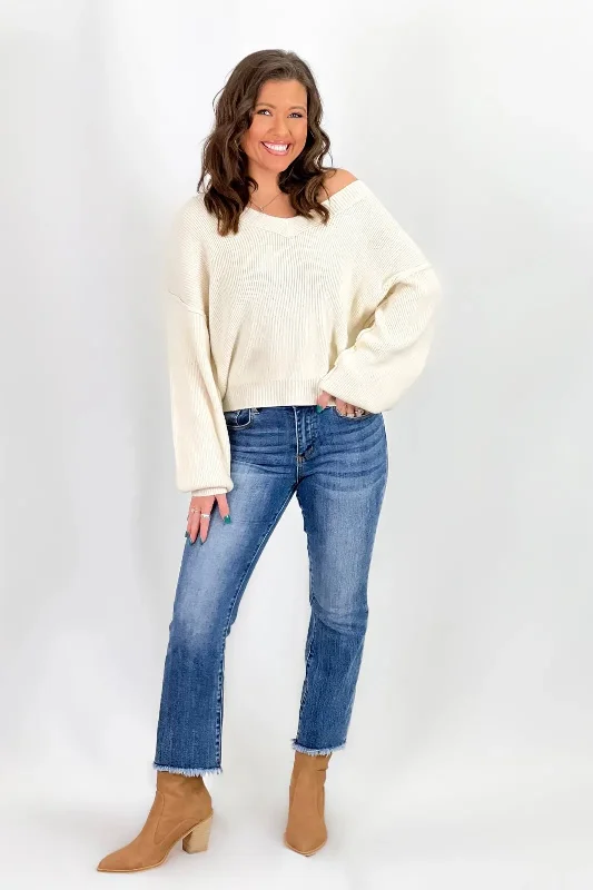 Cream Exposed V-Neck Sweater