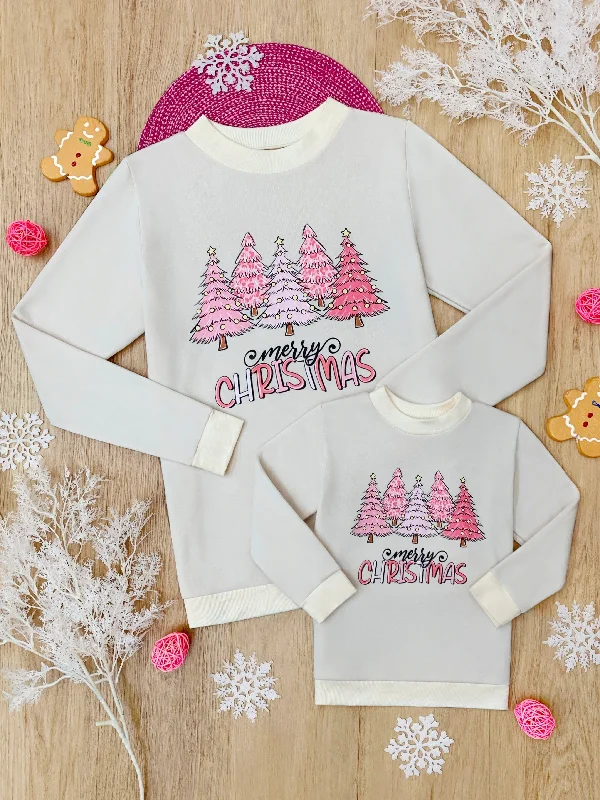 CrewneckdurableMommy and Me Pink Christmas Trees Crewneck Sweatshirt