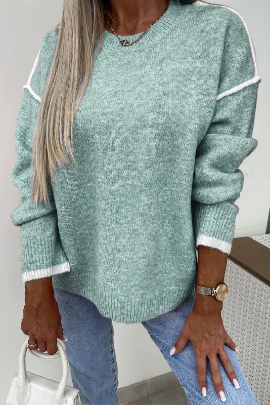 CrewneckheritageMoonlight Jade Contrast Edge Crewneck Knit Sweater