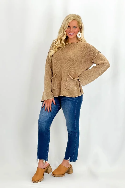 Latte Two Pocket Long Sleeve Knit Sweater