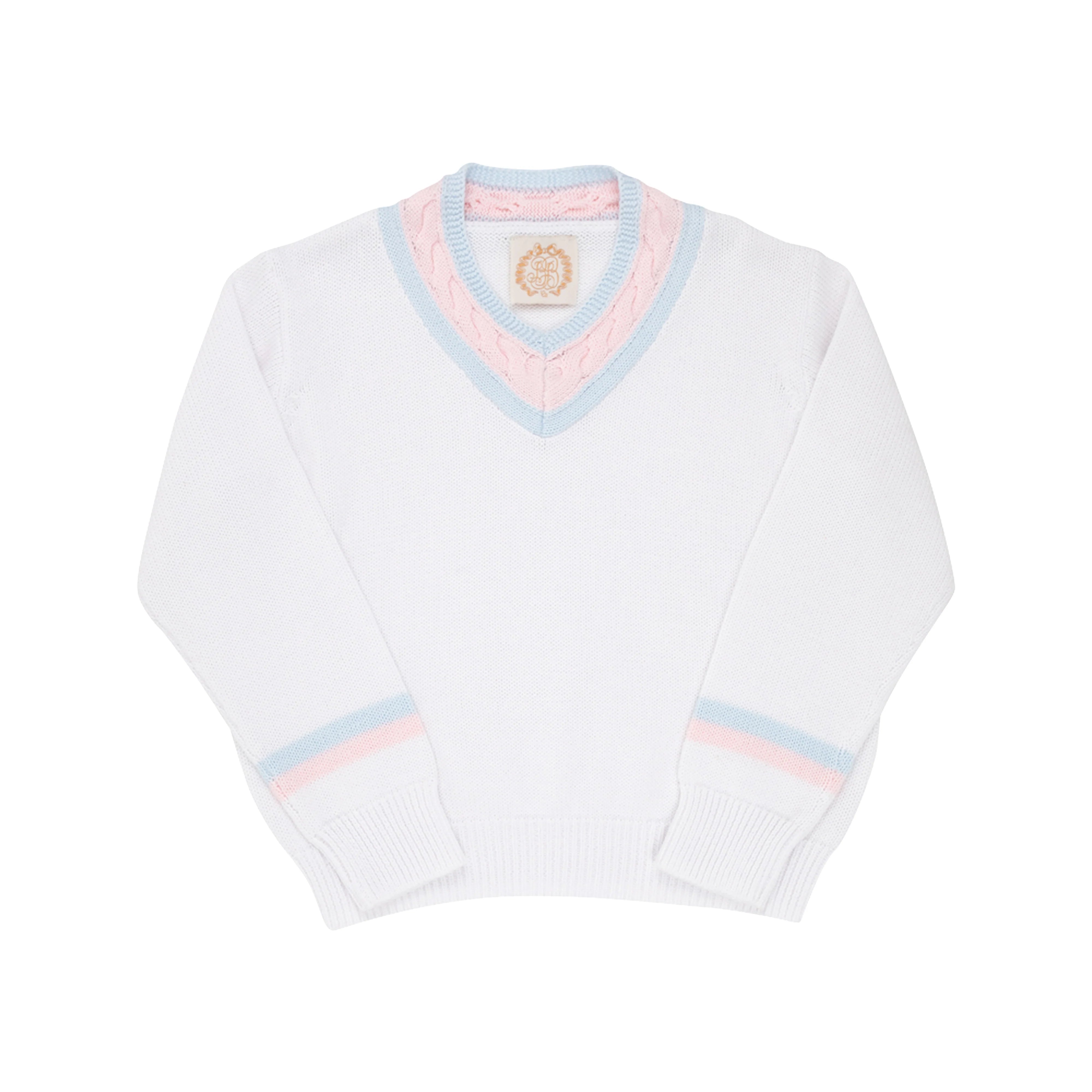 The Beaufort Bonnet Company Girl's Vivie June V-Neck Sweater - Worth Avenue White With Buckhead Blue & Palm Beach Pink