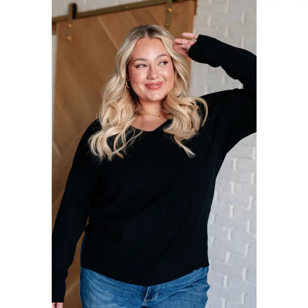 V-Neck Front Seam Sweater in Black