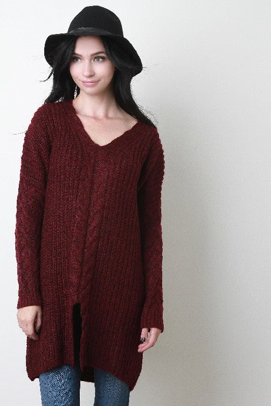 V-Neck Cable Knit Sleeves Long Sweater