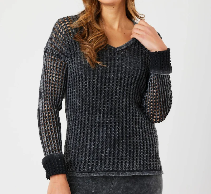 Crochet V-Neck Sweater In Charcoal